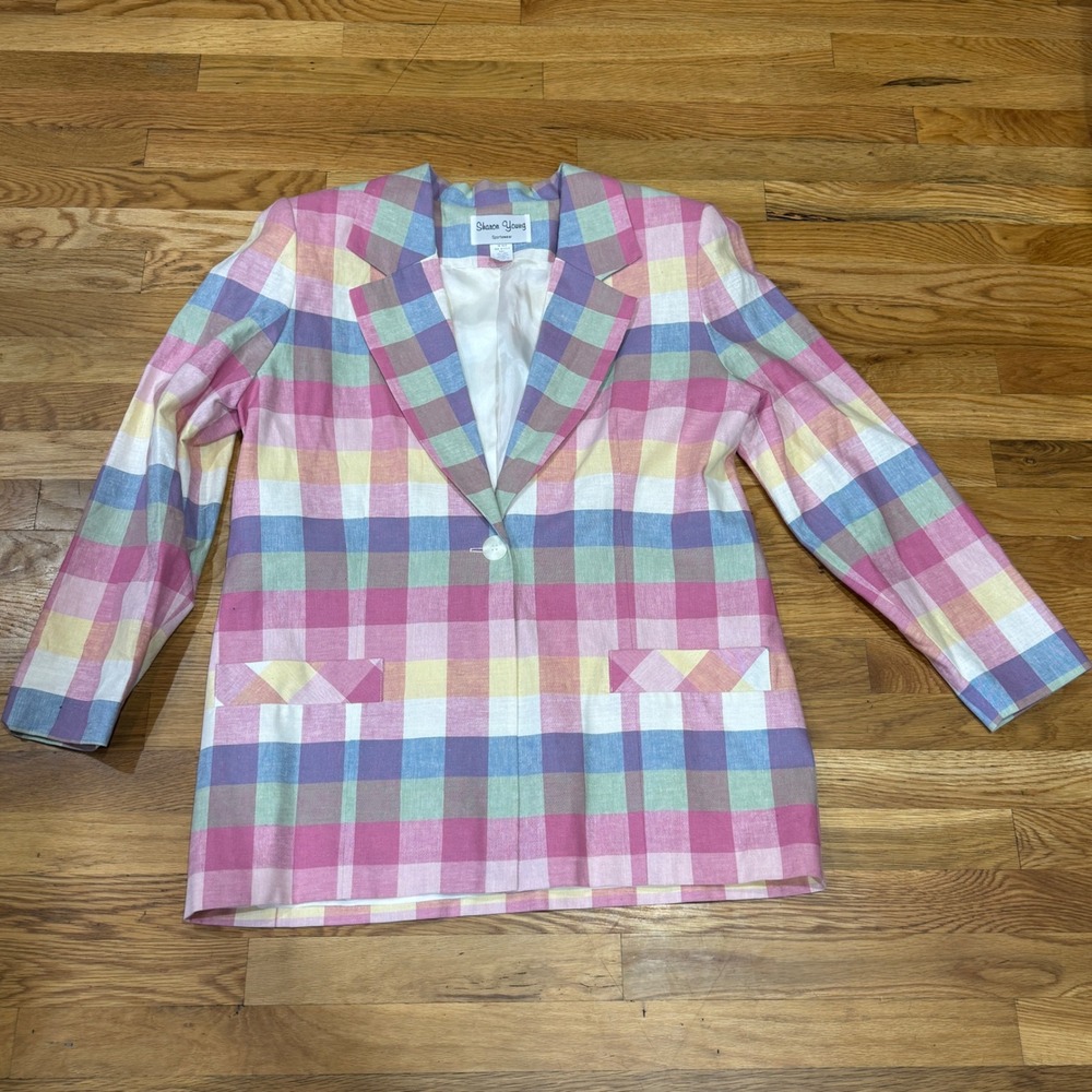 Sharon Young Sportswear Vintage Pastel Plaid Linen Cotton Blazer Made in USA 14